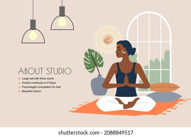 Landing page template of Yoga Classes vector. Meditate School Studio. Woman character cartoon.