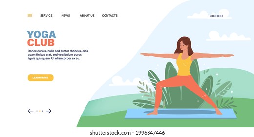 Landing page template for yoga site or outdoor activities with woman , website banner vector design. Happy female character doing outdoor yoga. Vector illustration in a flat style