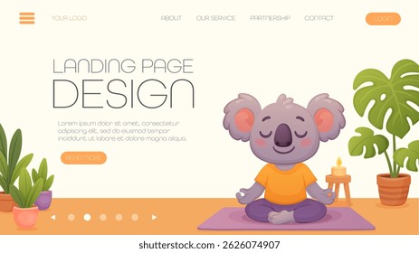 modelo de página de aterrissagem para ioga site com coala na posição lotus
