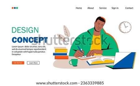 Landing page template. Young man studying with books and laptop. Black student prepares for a test exam, writes an essay, does homework, takes notes. Education concept. Flat vector.