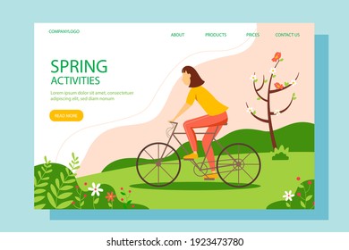 Landing page template. Young woman riding a bicycle in the park. Spring vector illustration in flat style.