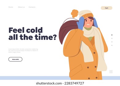 Landing page template with young woman character suffering from frost and cold weather in winter