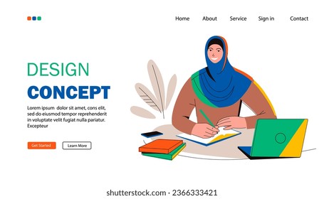 Landing page template. Young woman studying with books and laptop. Smiling girl in hijab. Student prepares for a test exam, writes an essay, does homework, takes notes. Education concept. Flat vector.