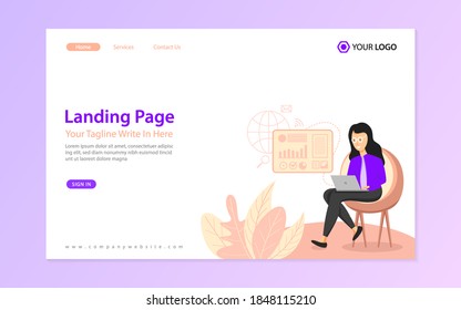 Landing Page Template For Your Business Website With Modern Flat Ilustration. Women At Work Vektor Character Ilustration