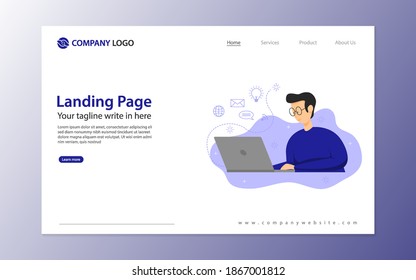 Landing Page Template For Your Business Website With Modern Flat Ilustration. Man At Work Vektor Character Ilustration