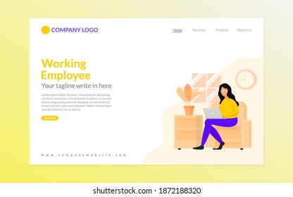 The Landing page template for your business website with flat design vector illustration: a woman is finishing her work using a computer. a woman operating a computer at work

