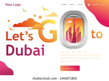 Landing Page Template für Ihren Urlaubsflug nach Dubai. Banner, Seite, Plakatvorlage. Reise- und Tourismuskonzept für Website-Vorlage. Vektorgrafik.