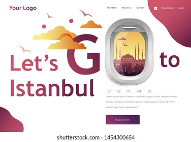 Plantilla de la página de aterrizaje para su vuelo de vacaciones a Estambul. Cartel, sitio, plantilla de afiches. Concepto de viajes y turismo para la plantilla del sitio web. Ilustración vectorial.