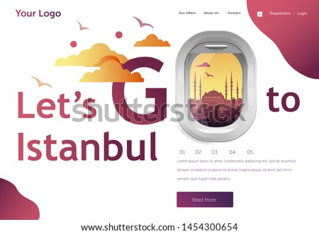 Landing page template for your holiday flight to Istanbul. Banner, site, poster template. Travel and tourism concept for website template. Vector illustration.