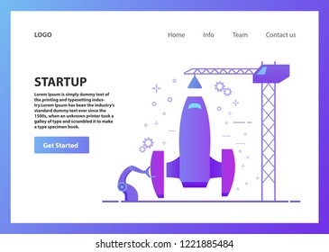 Plantilla de la página de destino.Diseño de la página de Web del concepto.Inicie su proyecto.Lanzar nuevo producto.Desarrollo del Sitio web.Vector de Anuncio Horizontal flat.Business nuevas tecnologías.Plataforma digital.Construyendo una nave espacial 