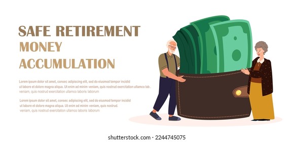 Landing Page Template.Happy Senior Pensioners Woman,Man Characters Hold Huge Wallet with money,Green Bills,Notes.Financial Wealth,Money Accumulation,Pension Savings,Wealthy Retirement.Vector Flat