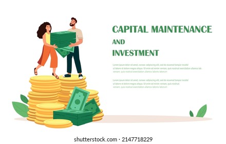 Landing Page Template.People Characters Stand on Huge Pile of Gold Coins, Money Cash.Apply for Loan,Rich,Finace Development,Wealth Concept.Investment Growth,Budget Savings,Deposit.Vector Illustration