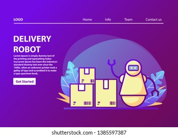 Landing page template.Robot courier.Artificial intelligence.Delivering parcels to customers.Autonomous logistics.Robot delivery character web concept.Flat vector box and android postman.Online order.