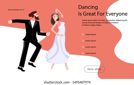 Landing page templates for dancing blog, fitness school or studio. People enjoying their dance.  Flat Art Vector illustration