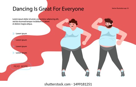 Landing page templates for dancing blog, fitness school or studio. People enjoying their dance.  Flat Art Vector illustration