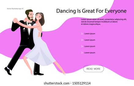 Landing page templates for dancing blog, fitness school or studio. People enjoying their dance.  Flat Art Vector illustration