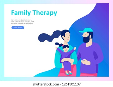 Landing page templates happy family, travel and psychotherapy, family health care, goods entertainment for mother father and their children. Parents with daughter and son have fun togethers