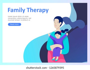 Landing page templates happy family, travel and psychotherapy, family health care, goods entertainment for mother father and their children. Parents with daughter and son have fun togethers