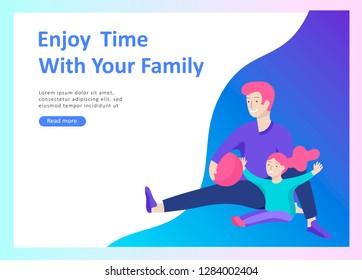 Landing page templates happy family, travel and psychotherapy, family health care, goods entertainment for mother father and their children. Parents with daughter and son have fun togethers