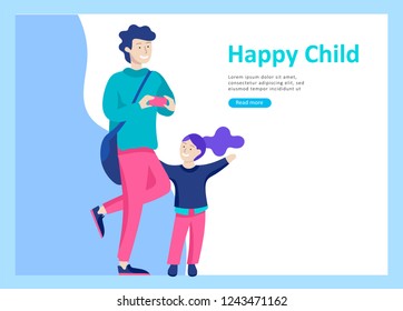 Landing page templates for happy Fathers day, child health care, happy childhood and children, goods and entertainment for Father with children. Parents with daughter and son have fun togethers