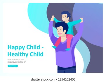 Landing page templates for happy Fathers day, child health care, happy childhood and children, goods and entertainment for Father with children. Parents with daughter and son have fun togethers