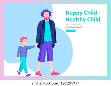 Landing page templates for happy Fathers day, child health care, happy childhood and children, goods and entertainment for Father with children. Parents with daughter and son have fun togethers