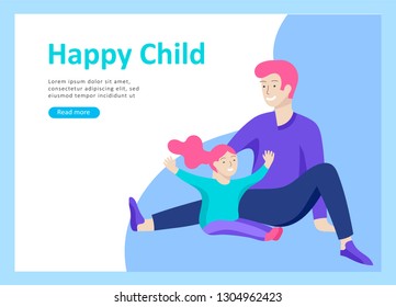 Landing page templates for happy Fathers day, child health care, happy childhood and children, goods and entertainment for Father with children. Parents with daughter and son have fun togethers