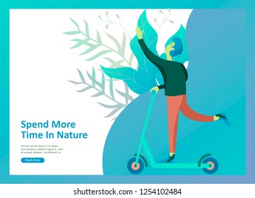 Landing page templates for hobby blog. People enjoying their hobbies, riding a scooter, running. Vector characters