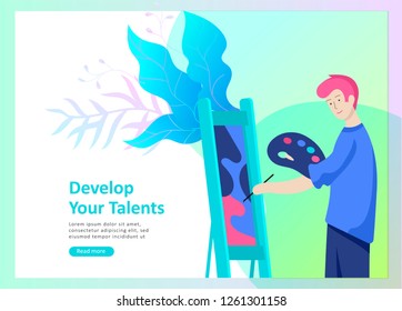 Landing page templates for hobby blog. People enjoying their hobbies, dancing, riding a scooter, paint walls and a picture, play the guitar, cooking. Vector characters