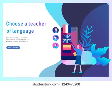 Landing page templates for Online language courses, distance education, training. Language Learning Interface and Teaching Concept. Education Concept, training young people. Internet students
