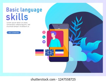 Landing page templates for Online language courses, distance education, training. Language Learning Interface and Teaching Concept. Education Concept, training young people. Internet students