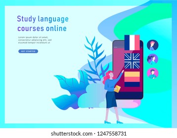 Landing page templates for Online language courses, distance education, training. Language Learning Interface and Teaching Concept. Education Concept, training young people. Internet students