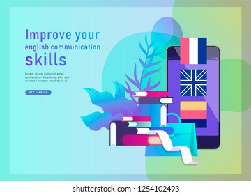Landing page templates for Online language courses, distance education, training. Language Learning Interface and Teaching Concept. Education Concept, training young people. Internet students
