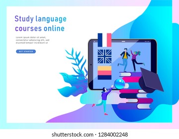 Landing page templates for Online language courses, distance education, training. Language Learning Interface and Teaching Concept. Education Concept, training young people. Internet students