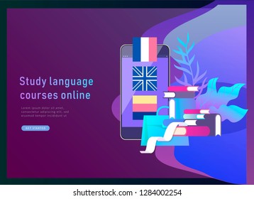 Landing page templates for Online language courses, distance education, training. Language Learning Interface and Teaching Concept. Education Concept, training young people. Internet students