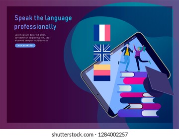 Landing page templates for Online language courses, distance education, training. Language Learning Interface and Teaching Concept. Education Concept, training young people. Internet students