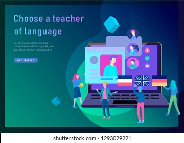 Landing page templates for Online language courses, distance education, training. Language Learning Interface and Teaching Concept. Education Concept, training young people. Internet students