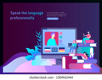 Landing page templates for Online language courses, distance education, training. Language Learning Interface and Teaching Concept. Education Concept, training young people. Internet students