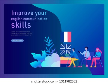 Landing page templates for Online language courses, distance education, training. Language Learning Interface and Teaching Concept. Education Concept, training young people. Internet students