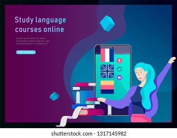 Landing page templates for Online language courses, distance education, training. Language Learning Interface and Teaching Concept. Education Concept, training young people. Internet students