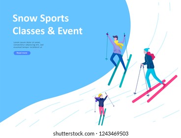 Landing page templates. People dressed in winter clothes or outerwear performing outdoor activities fun. Snow festival, sledding or snowboard. Christmas family ski skating, skiing extreme sport