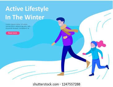 Landing page templates. People dressed in winter clothes or outerwear performing outdoor activities fun. Snow festival, sledding or snowboard. Christmas family ski skating, skiing extreme sport