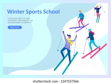 Landing page templates. People dressed in winter clothes or outerwear performing outdoor activities fun. Snow festival, sledding or snowboard. Christmas family ski skating, skiing extreme sport