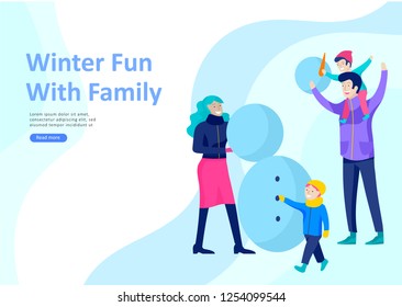 Landing page templates. People dressed in winter clothes or outerwear performing outdoor activities fun. Snow festival, sledding or snowboard. Christmas family ski skating, skiing extreme sport