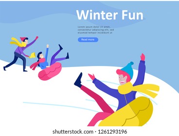 Landing page templates. People dressed in winter clothes or outerwear performing outdoor activities fun. Snow festival, sledding or snowboard. Christmas family ski skating, skiing extreme sport