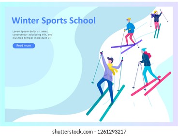 Landing page templates. People dressed in winter clothes or outerwear performing outdoor activities fun. Snow festival, sledding or snowboard. Christmas family ski skating, skiing extreme sport
