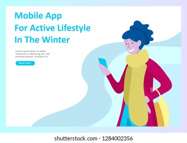 Landing page templates. People dressed in winter clothes or outerwear performing outdoor activities fun. Snow festival, sledding or snowboard. Christmas family ski skating, skiing extreme sport