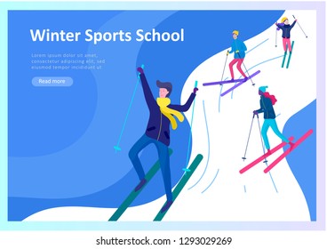 Landing page templates. People dressed in winter clothes or outerwear performing outdoor activities fun. Snow festival, sledding or snowboard. Christmas family ski skating, skiing extreme sport