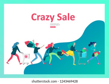 Landing page templates. People running for sale, crazy discounts, end of season, carrying shopping bags with purchases. Madness on seasonal sale at store shop. Cartoon character for black friday