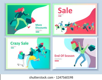 Landing page templates. People running for sale, crazy discounts, end of season, carrying shopping bags with purchases. Madness on seasonal sale at store shop. Cartoon character for black friday